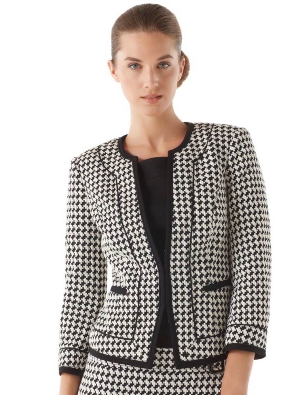 WHBM Women's Black and White Houndstooth Collarless Jacket